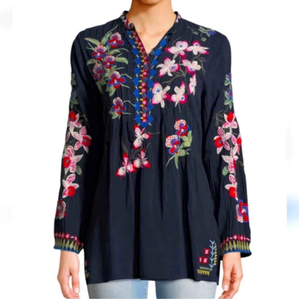 Johnny Was Navy Floral Embroidered Blouse